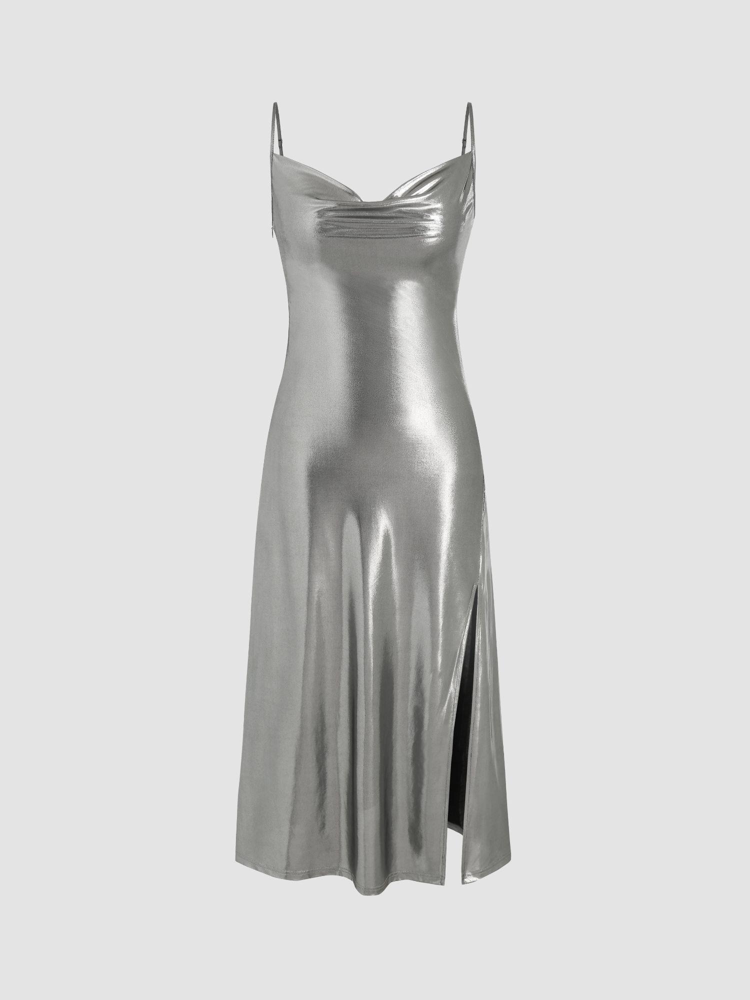 metallic cowl neck split midi dress