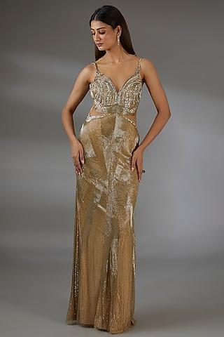 metallic gold italian tulle crystal hand embroidered sheath gown