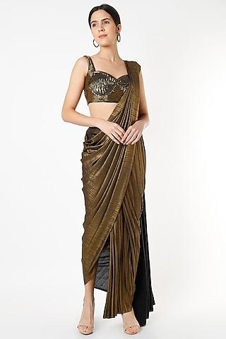 metallic gold polyester spandex & lurex pre-draped saree set