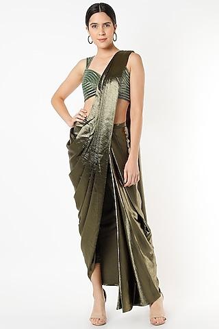 metallic green polyester pre-draped saree set