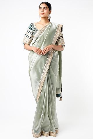 metallic grey embroidered saree set