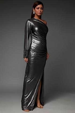 metallic grey jersey chain streak one shoulder gown