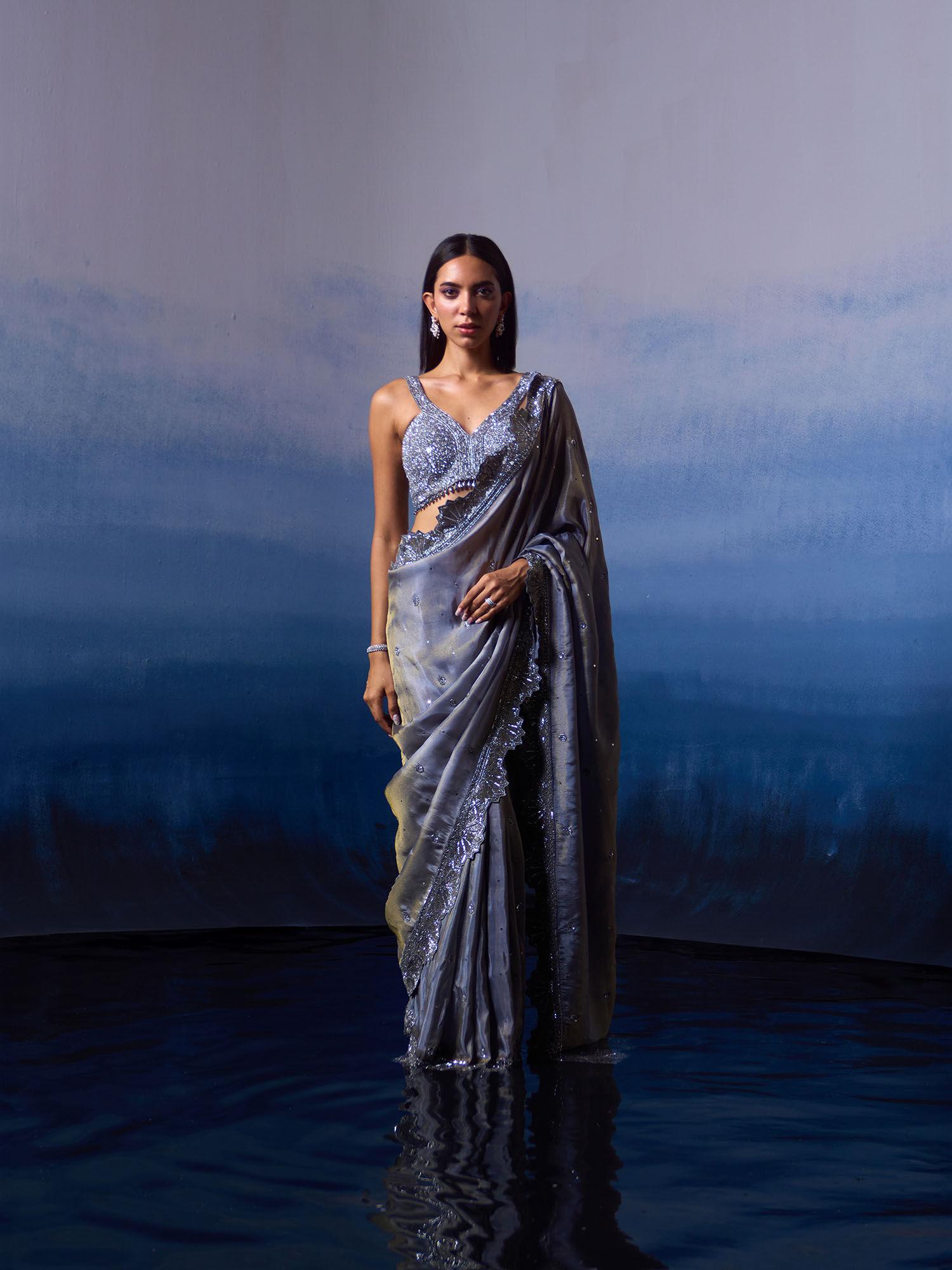 metallic grey tissue saree with stitched blouse and petticoat