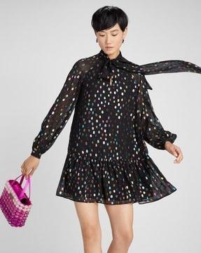 metallic holiday dots tie-neck shift dress