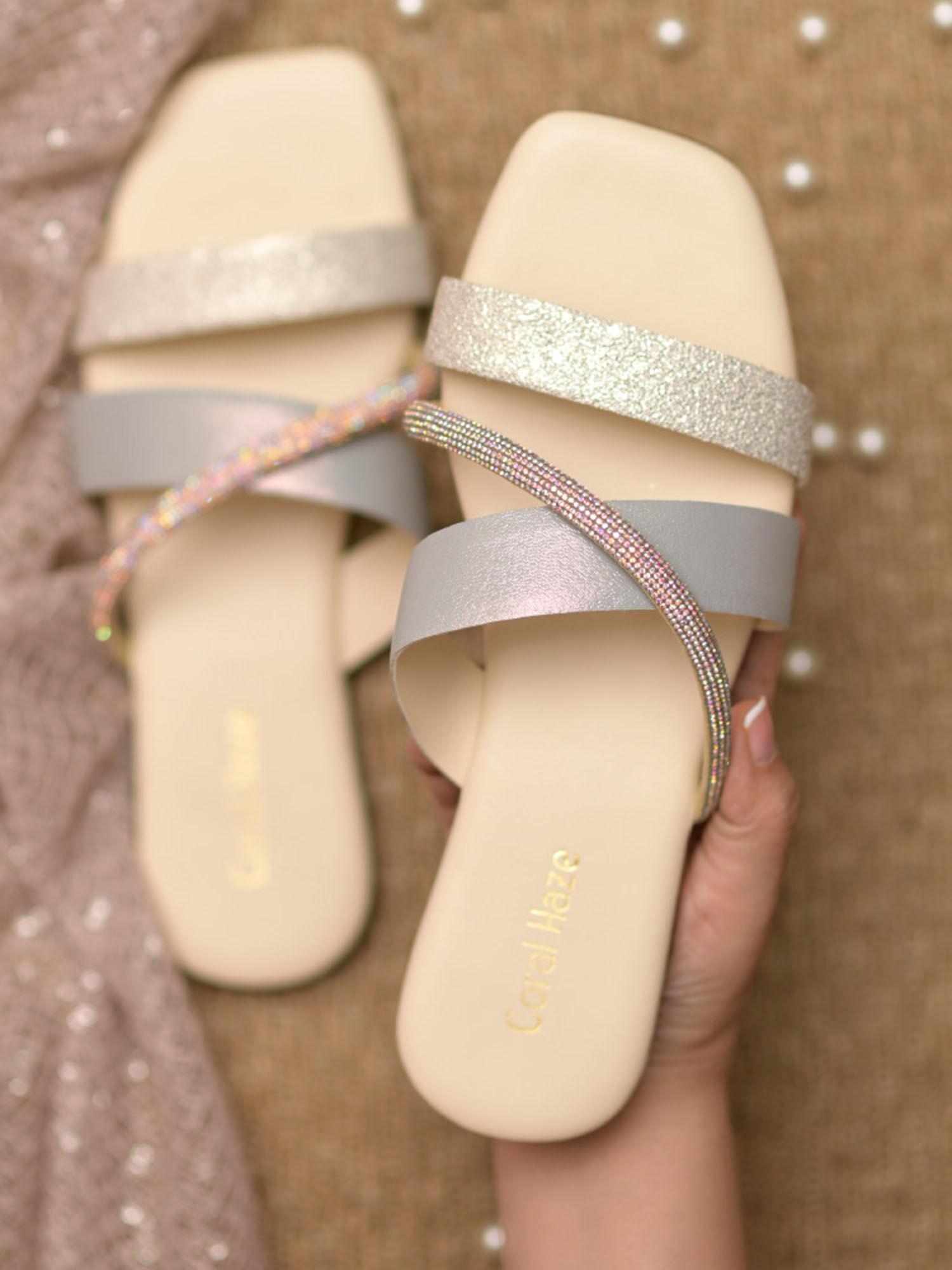 metallic ivory and silver criss cross straps flats with crystal strap detailing