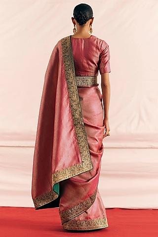 metallic magenta satin silk applique woven saree set