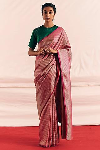 metallic magenta satin silk woven saree set