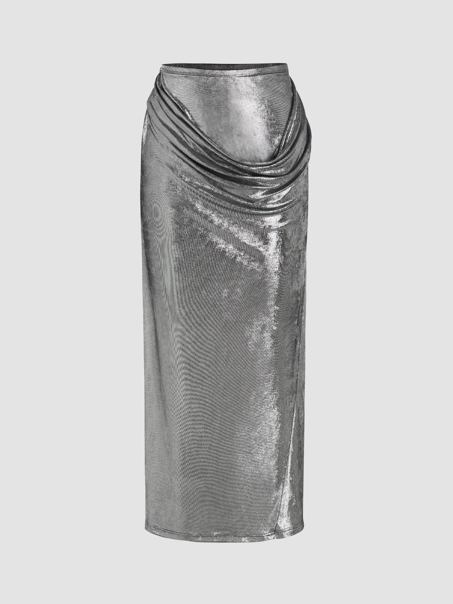 metallic mid waist ruched maxi skirt