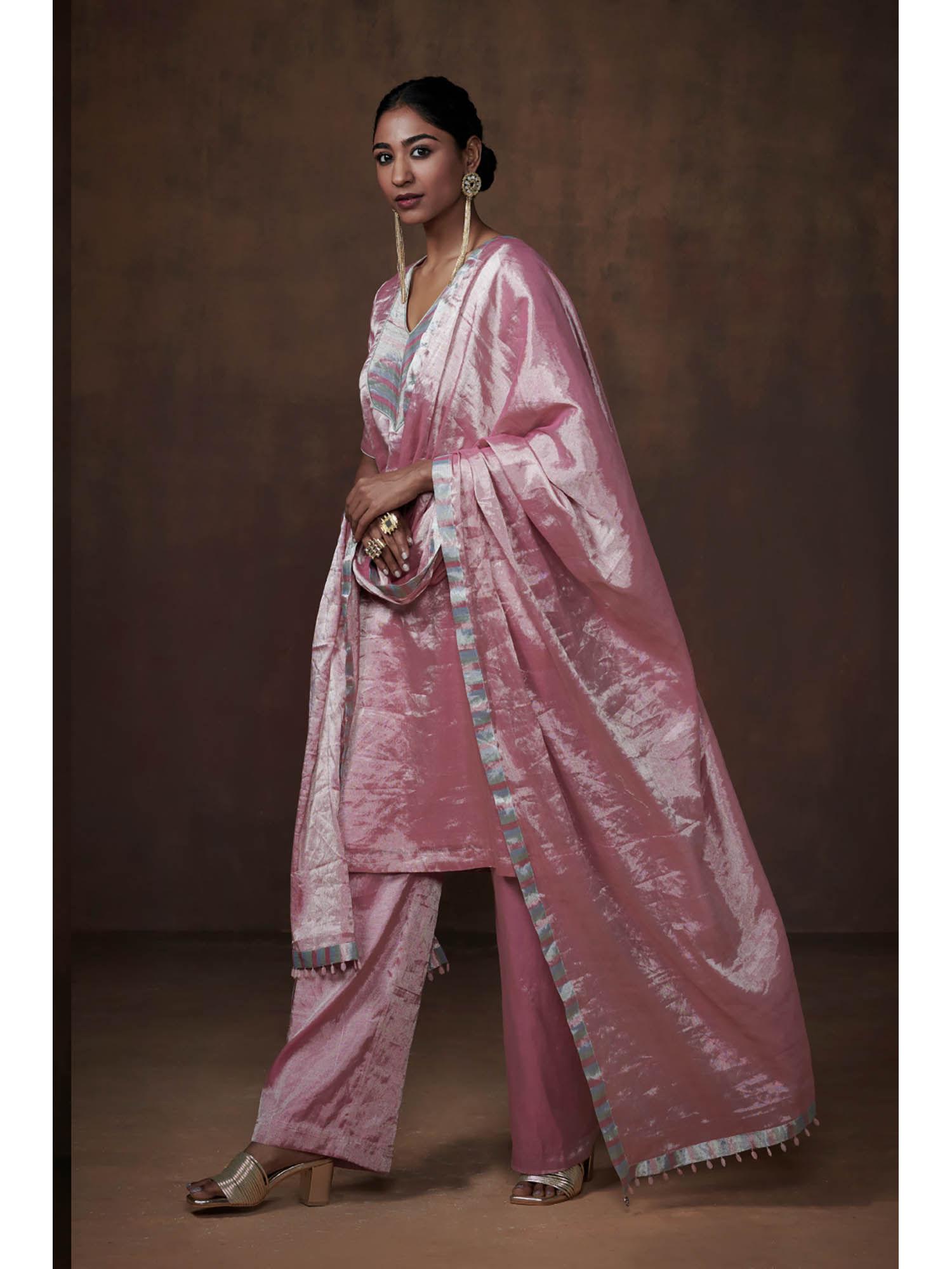 metallic pink tissue kurta handwoven chanderi elegance (set of 3)