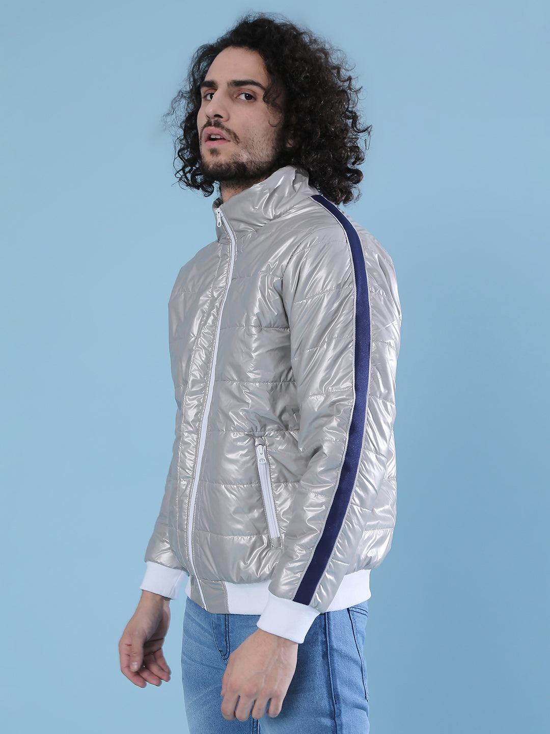 metallic puffer jacket with contrast hem