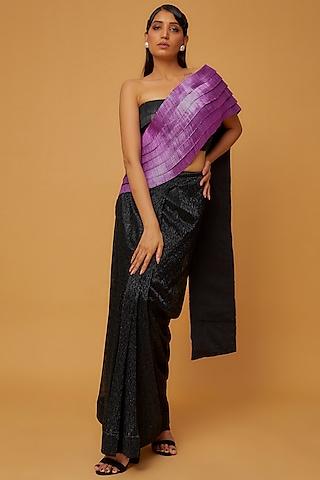 metallic purple & black lurex embroidered saree set