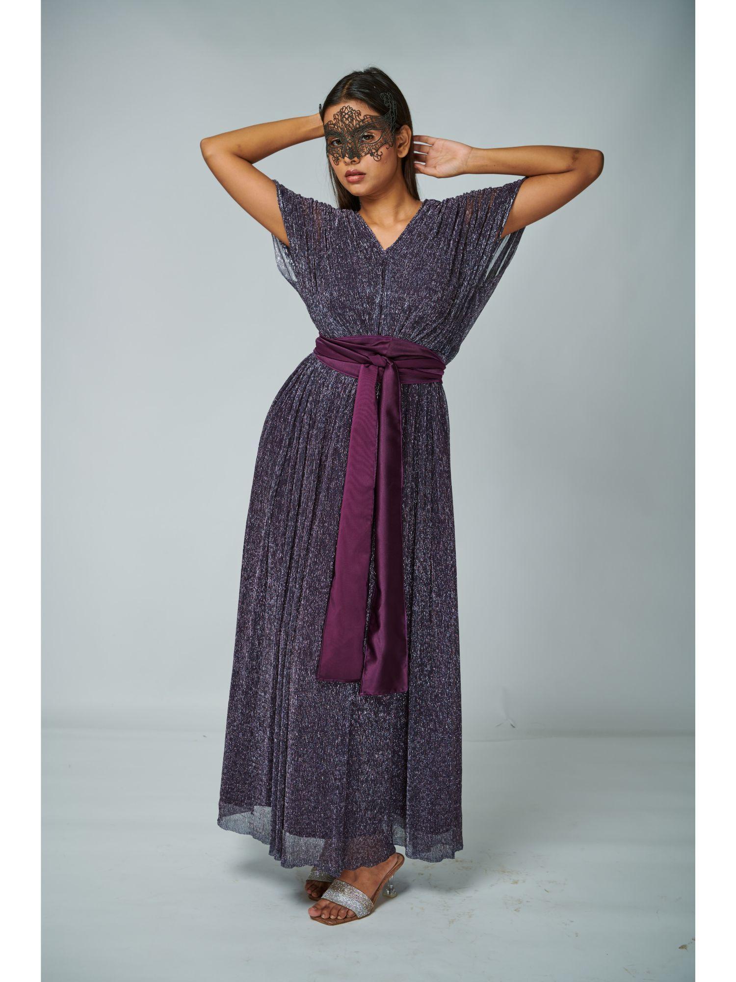 metallic purple v-neck gown with belt (set of 2)