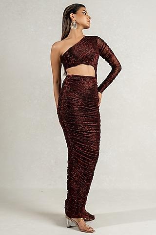 metallic red imported shimmer ruched gown