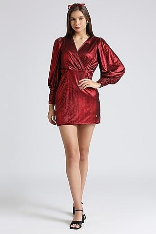 metallic red lycra draped mini dress