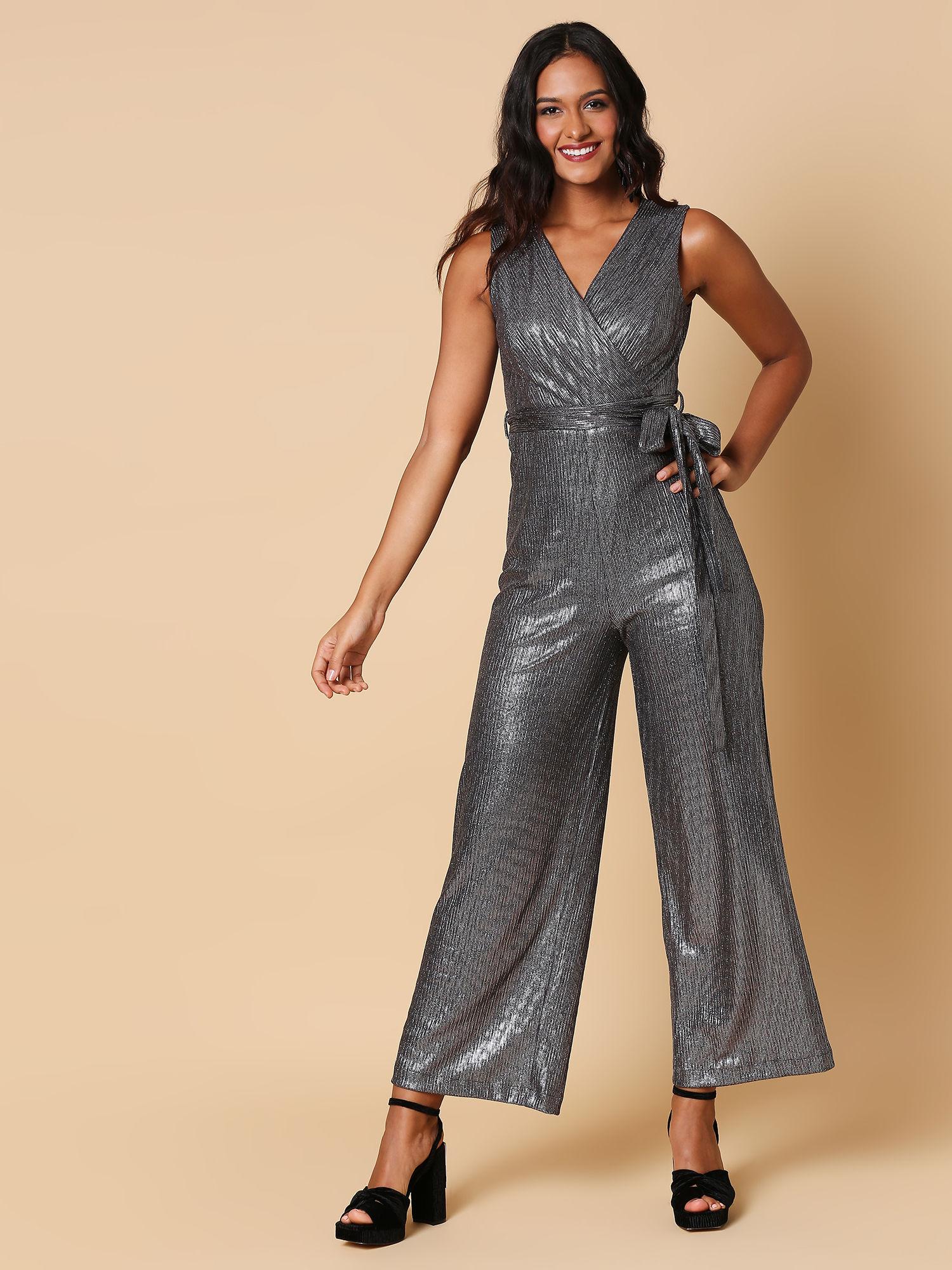 metallic solid v neck jumpsuit jumpsuit