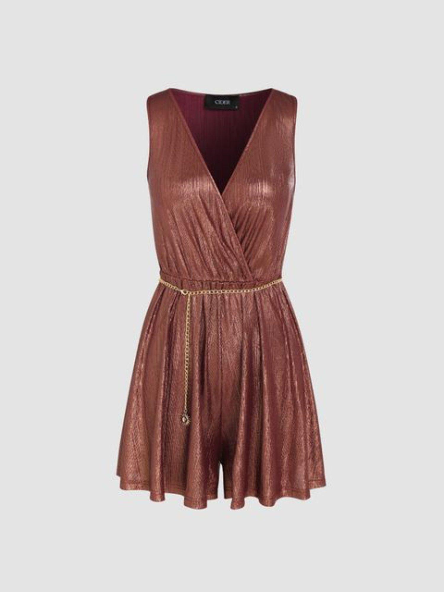 metallic v neck ruffle romper with sun waist chain (set of 2)