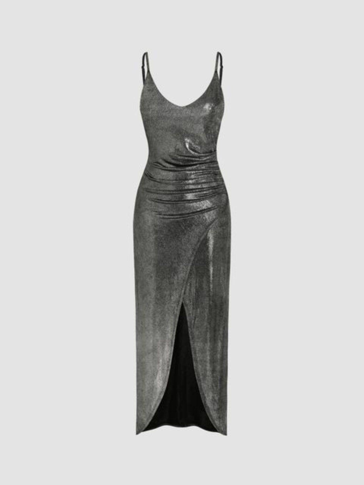 metallic v neck solid ruched midi dress