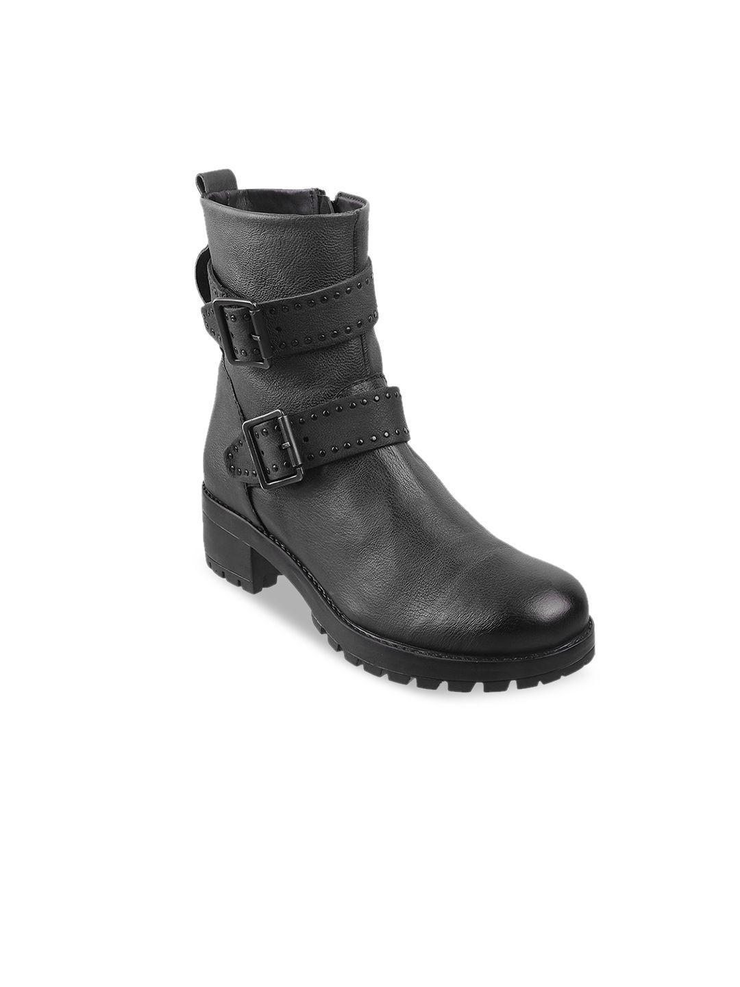 metro black block heeled boots with buckles