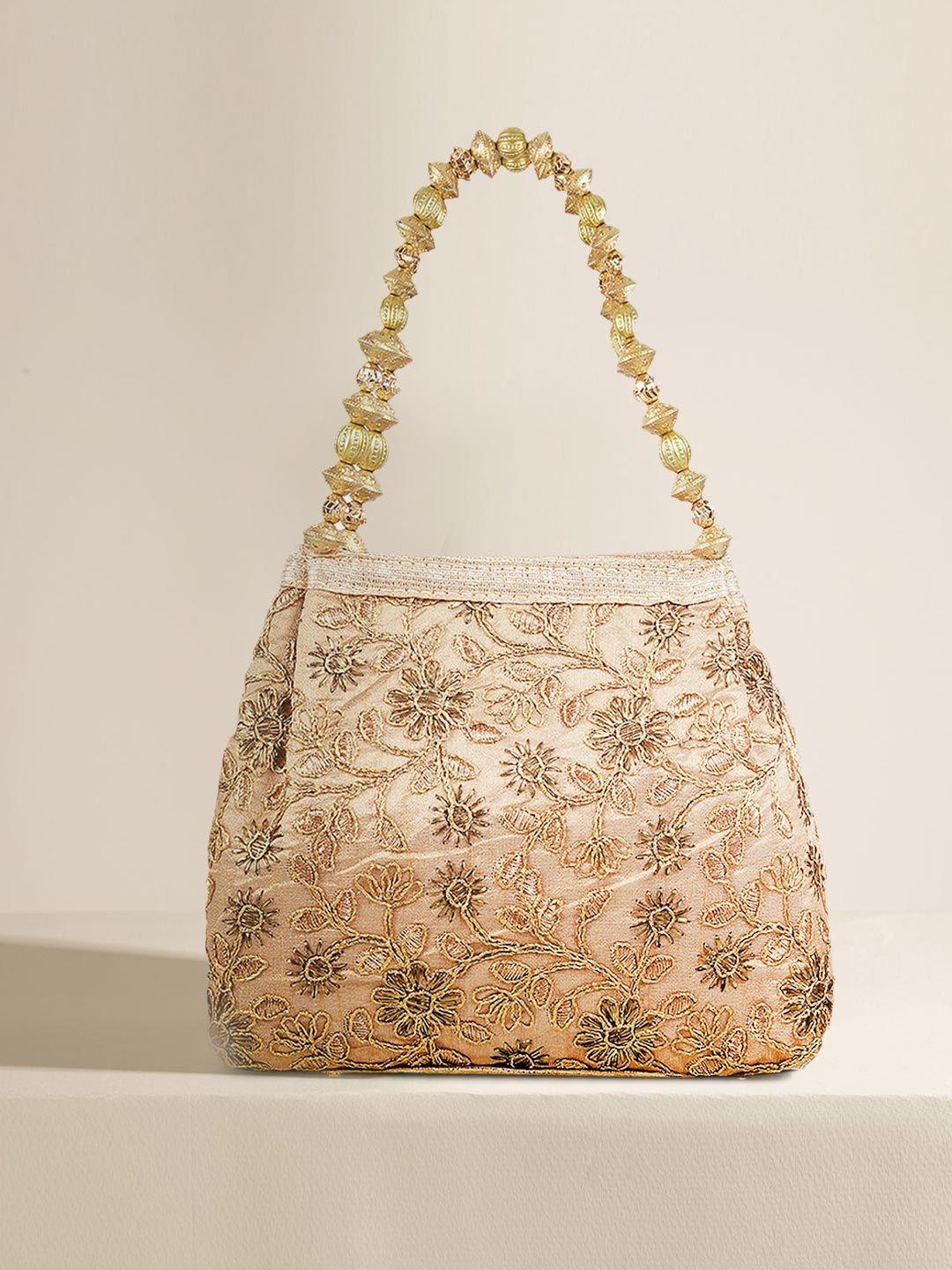 metro gold-toned floral structured handheld bag with applique
