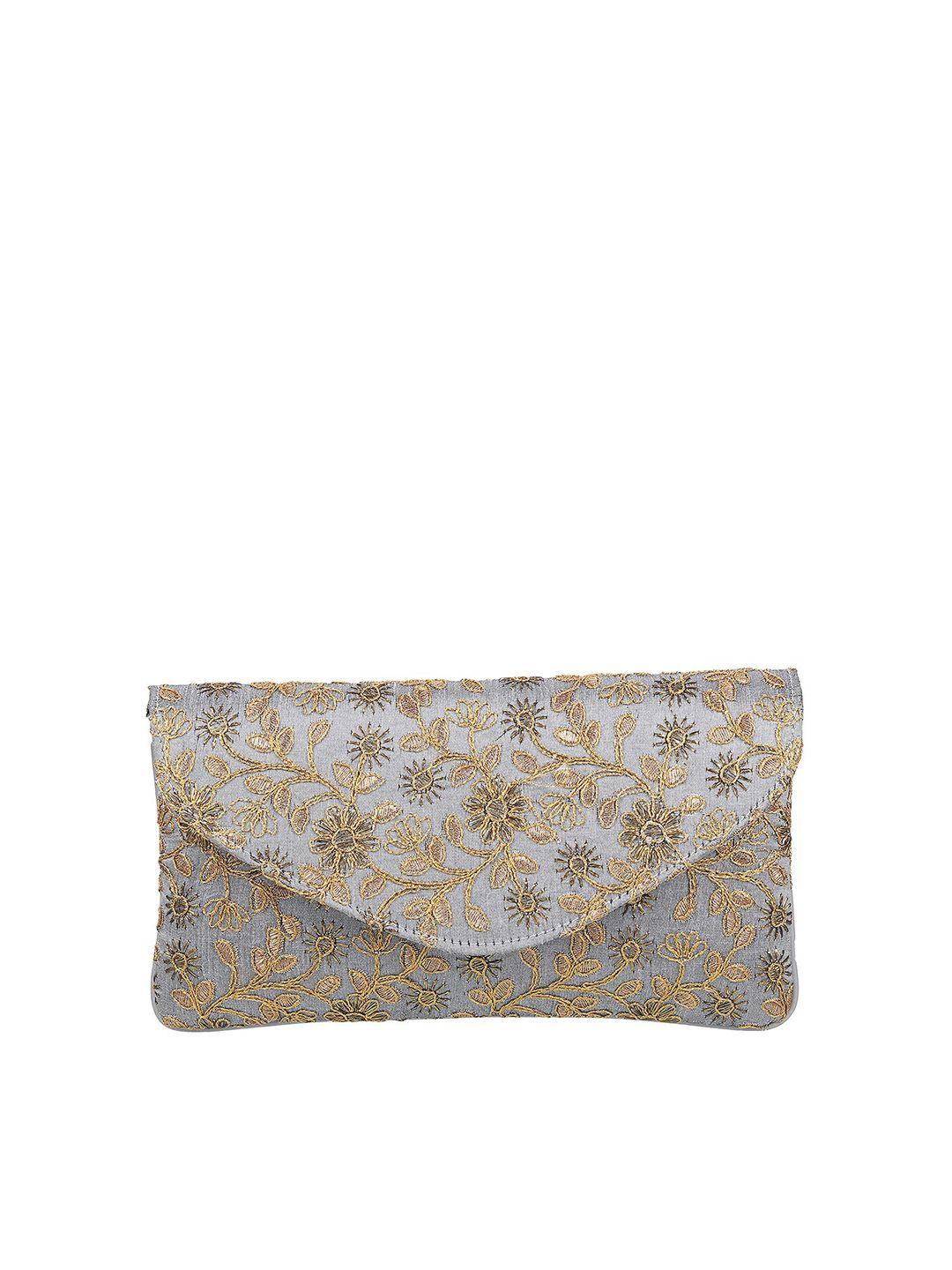 metro grey & gold-toned embroidered envelope clutch