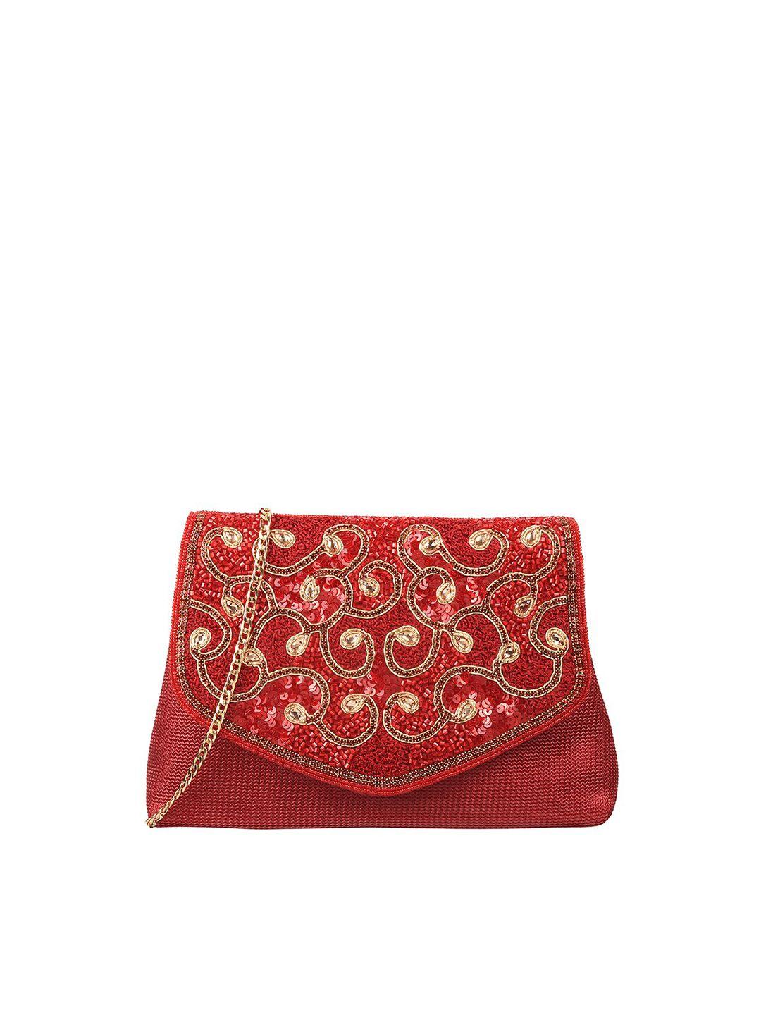 metro maroon & gold-toned embellished purse clutch
