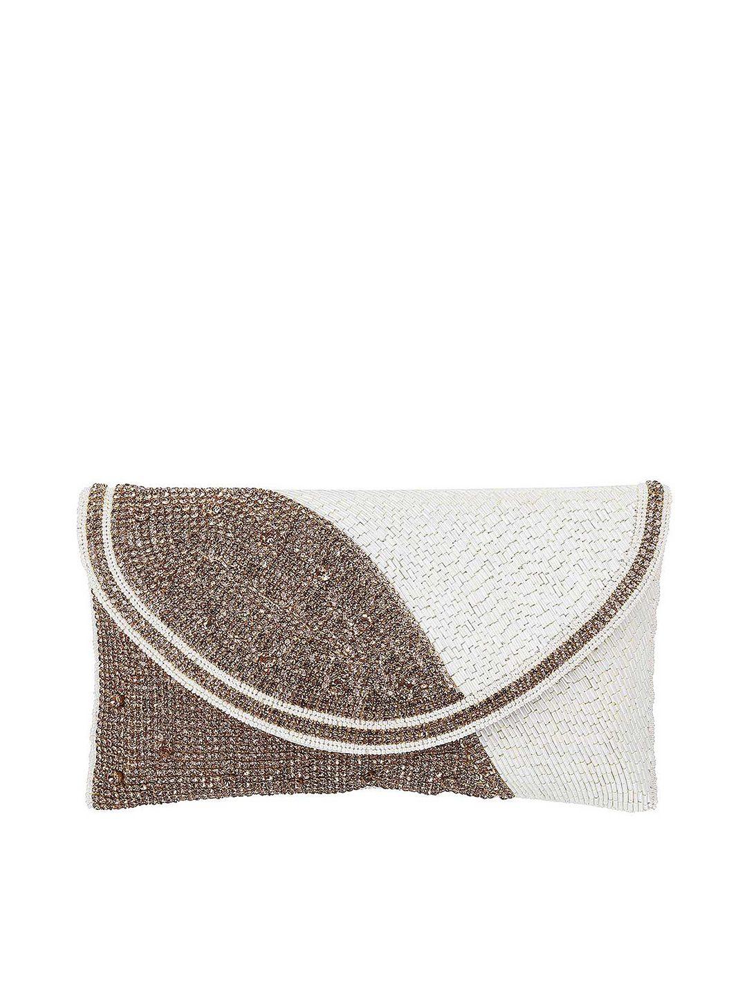 metro off white & gold-toned embellished envelope clutch