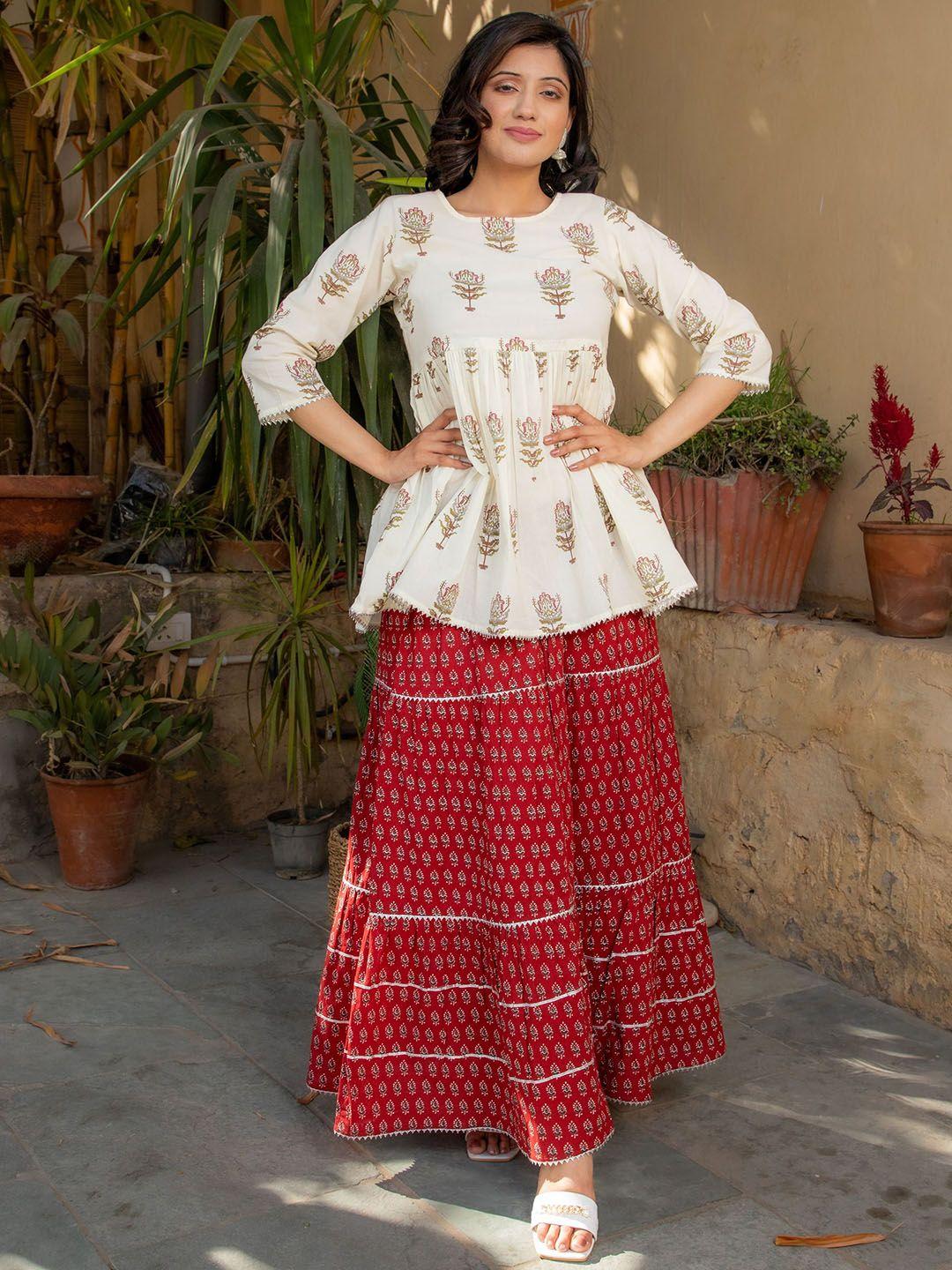 metro-fashion ethnic motifs printed pure cotton kurti with skirt