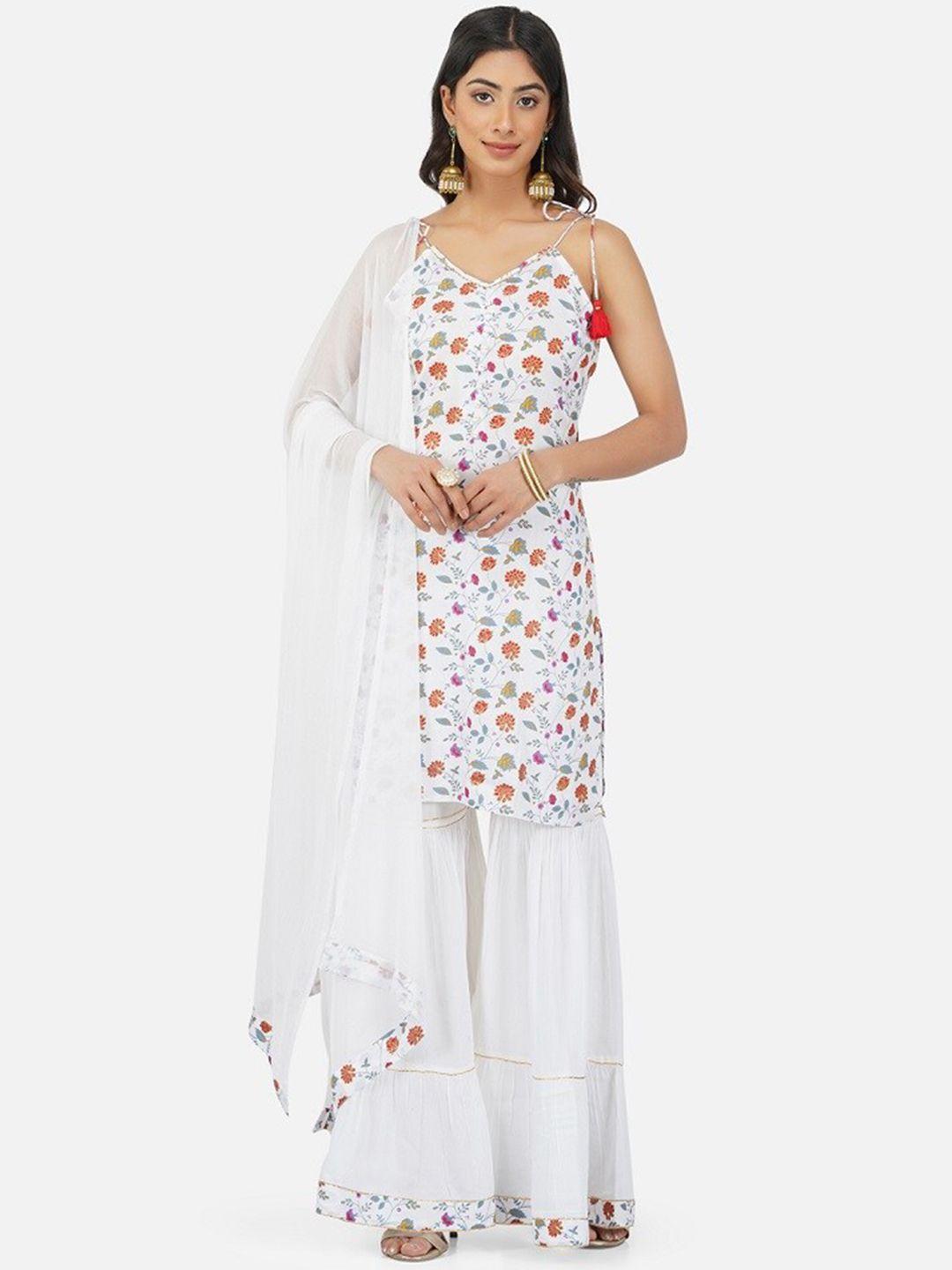metro-fashion shoulder strapsfloral printed pure cotton kurti with sharara & with dupatta