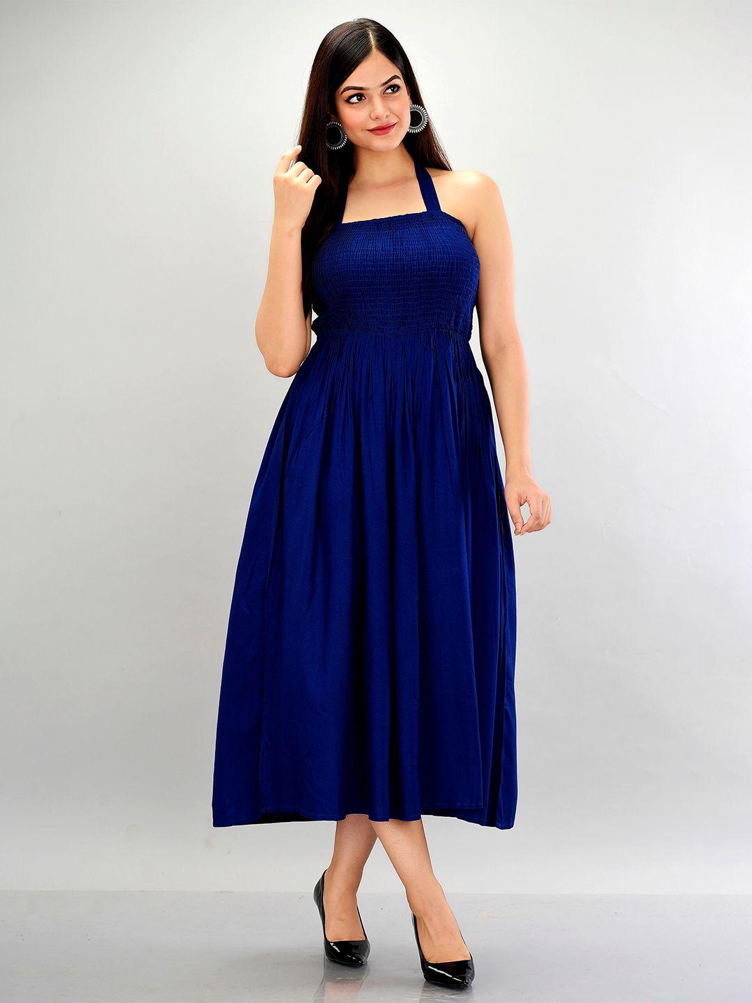 metro-fashion women blue fit and flared midi dress