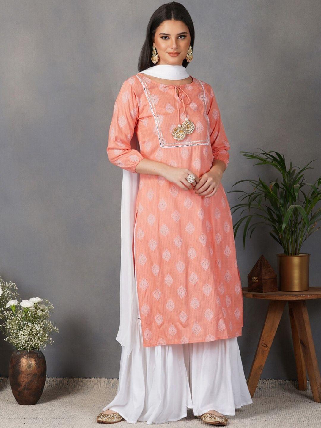 metro-fashion women peach-coloured ethnic motifs gotta patti kurti with sharara & with dupatta
