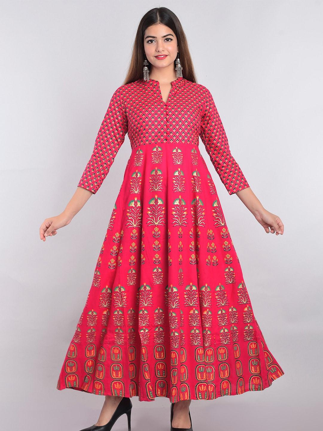 metro-fashion women pink & blue ethnic motifs printed floral anarkali kurta