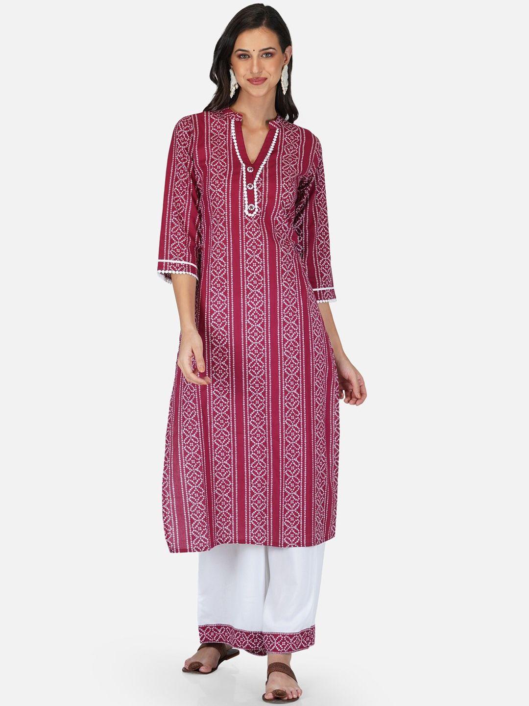 metro-fashion women red bandhani printed pure cotton kurta with palazzos & dupatta