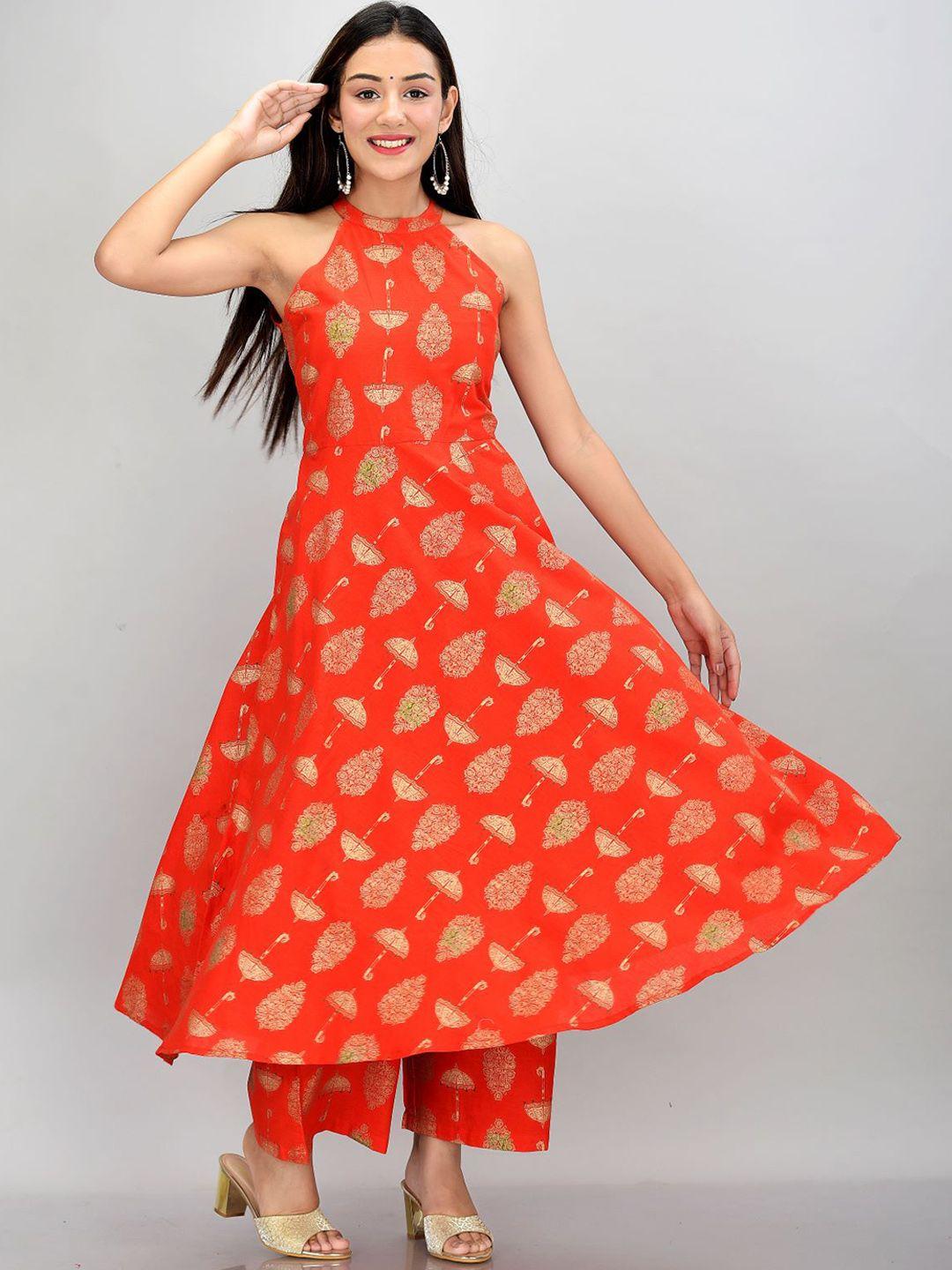 metro-fashion  ethnic motifs printed sleeveless pure cotton kurta with palazzos