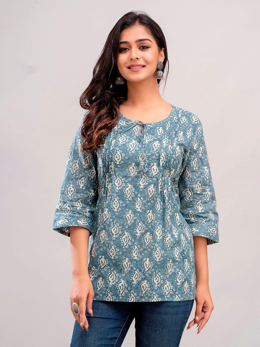 metro-fashion ethnic motif printed keyhole neck cotton top