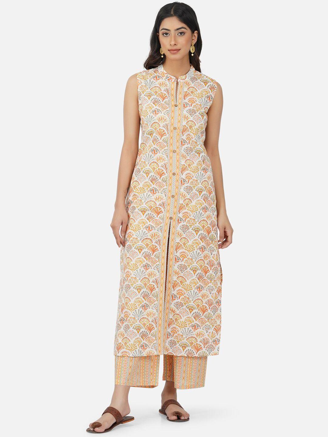 metro-fashion ethnic motifs printed multiple slit pure cotton kurta with palazzos