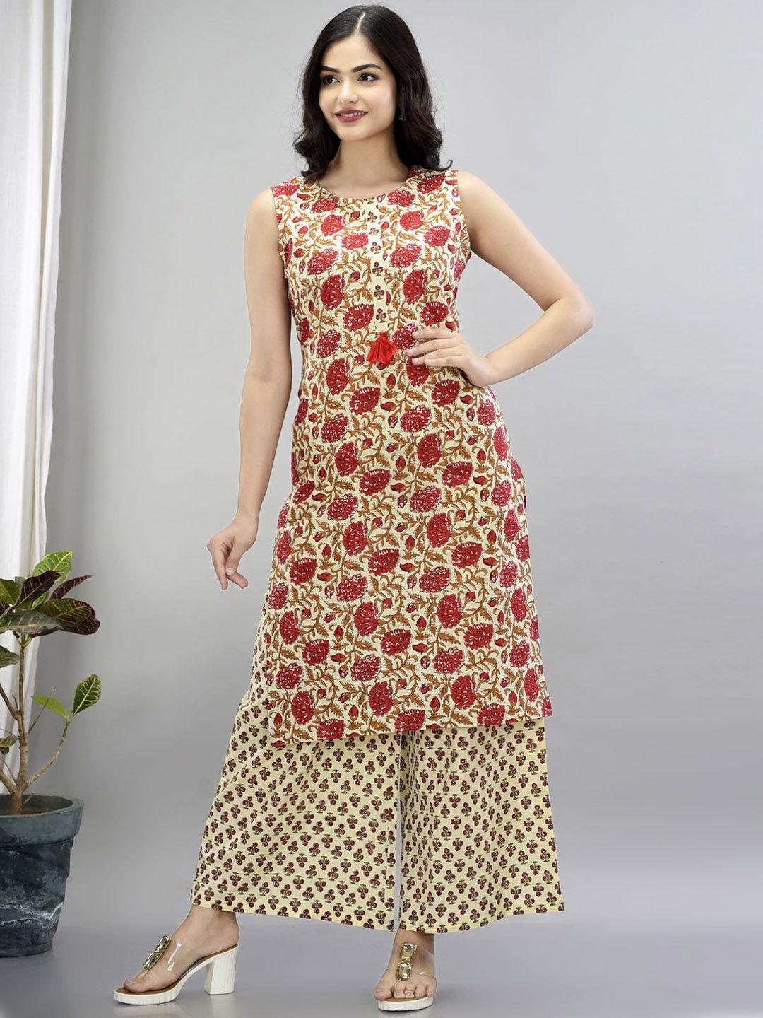 metro-fashion ethnic motifs printed pure cotton kurta with palazzos