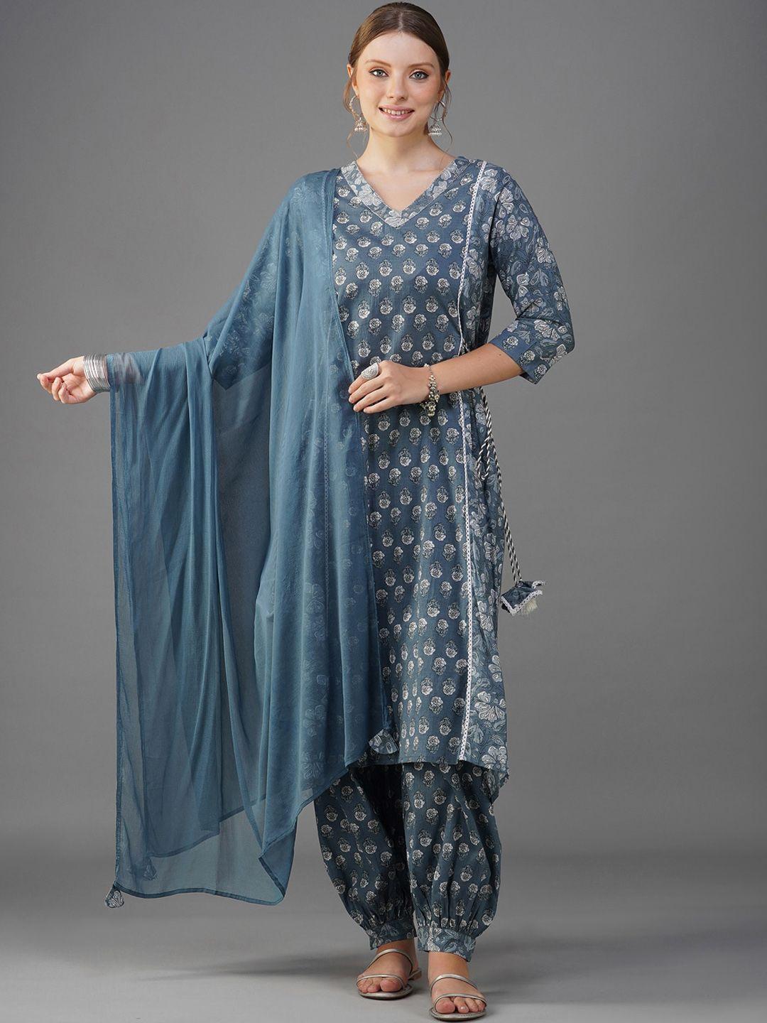 metro-fashion ethnic motifs printed regular pure cotton kurta with salwar & dupatta