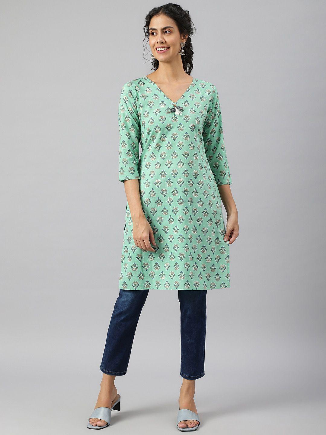 metro-fashion ethnic motifs printed v-neck pure cotton kurta