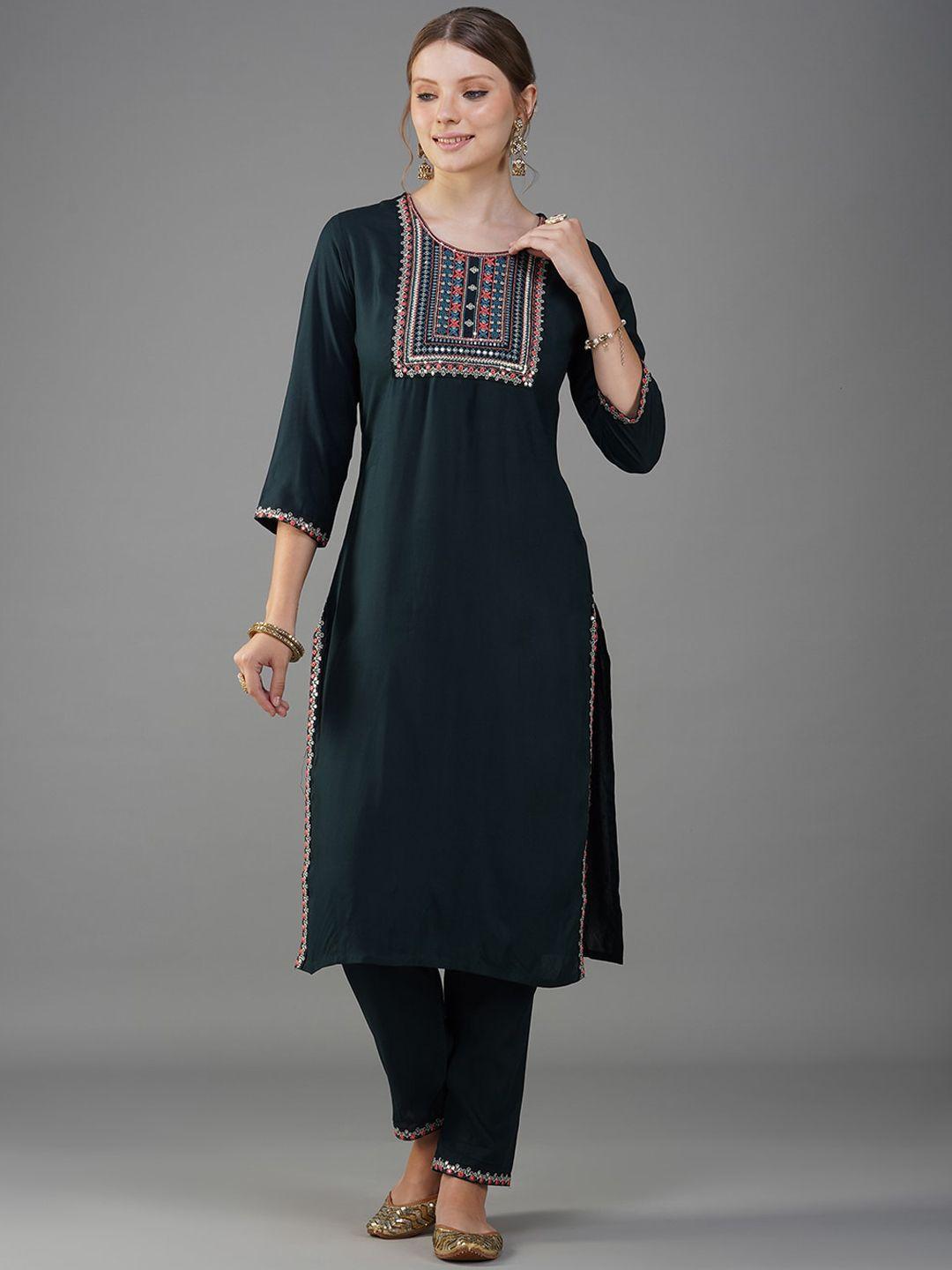 metro-fashion ethnic motifs yoke design regular thread work kurta with trousers & dupatta