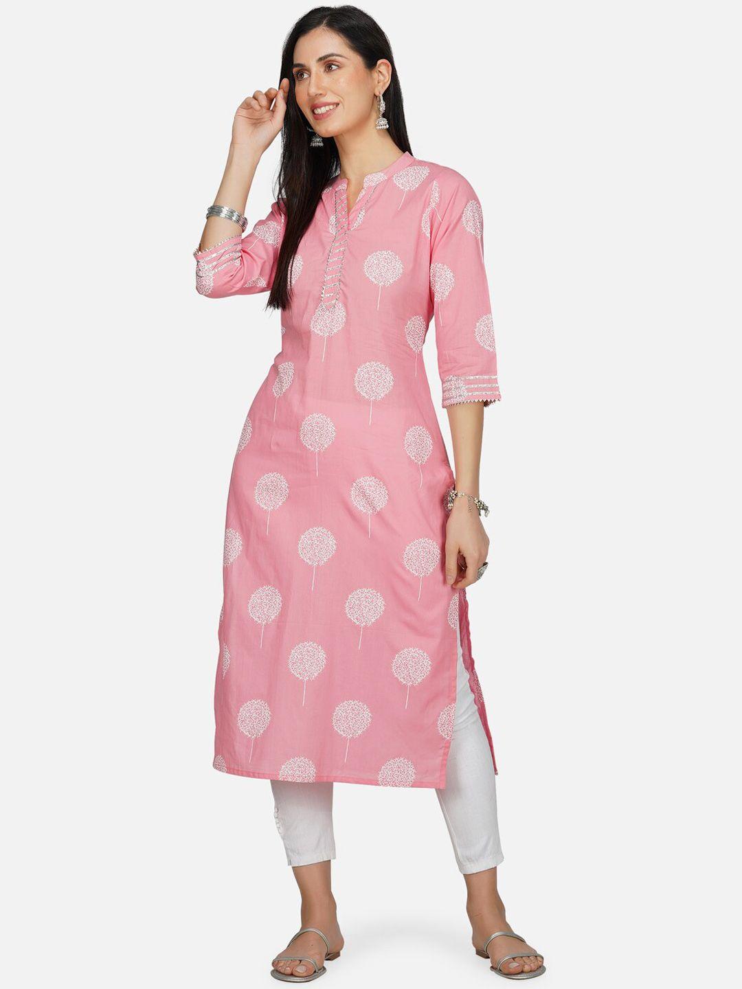 metro-fashion floral printed band collar gotta patti kurta