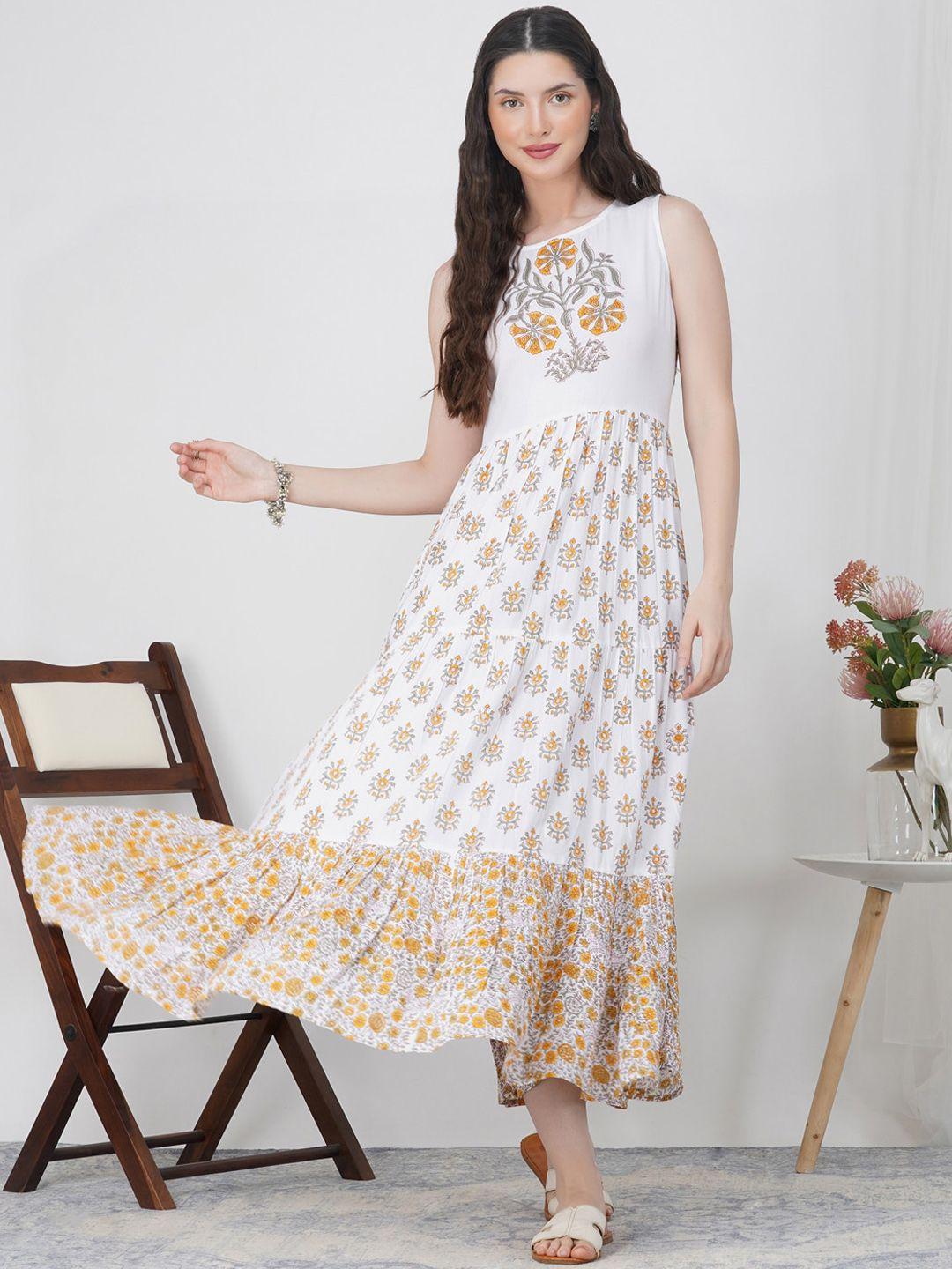 metro-fashion floral printed fit & flare maxi cotton ethnic dress