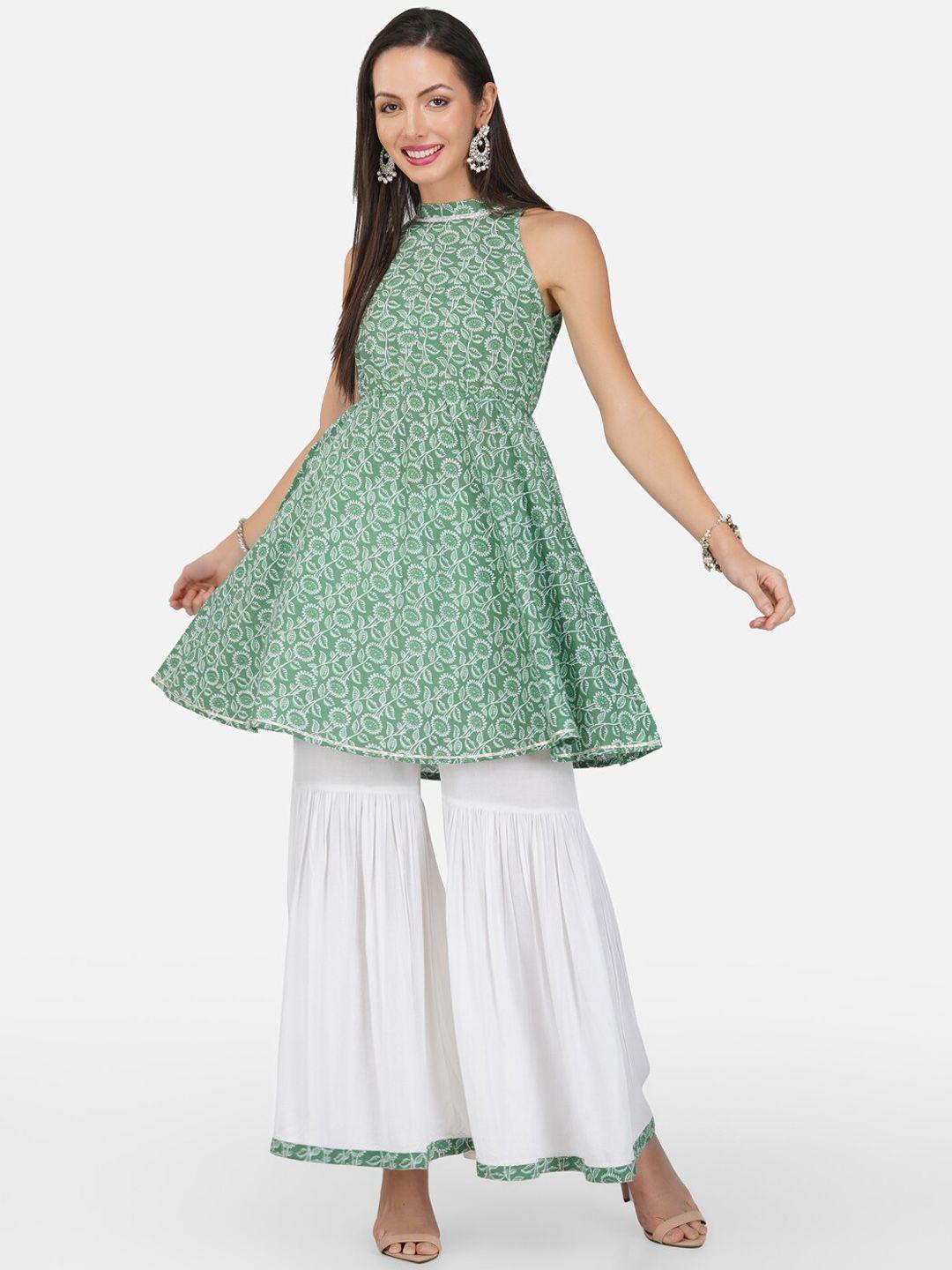 metro-fashion floral printed halter neck pure cotton kurta with sharara & with dupatta