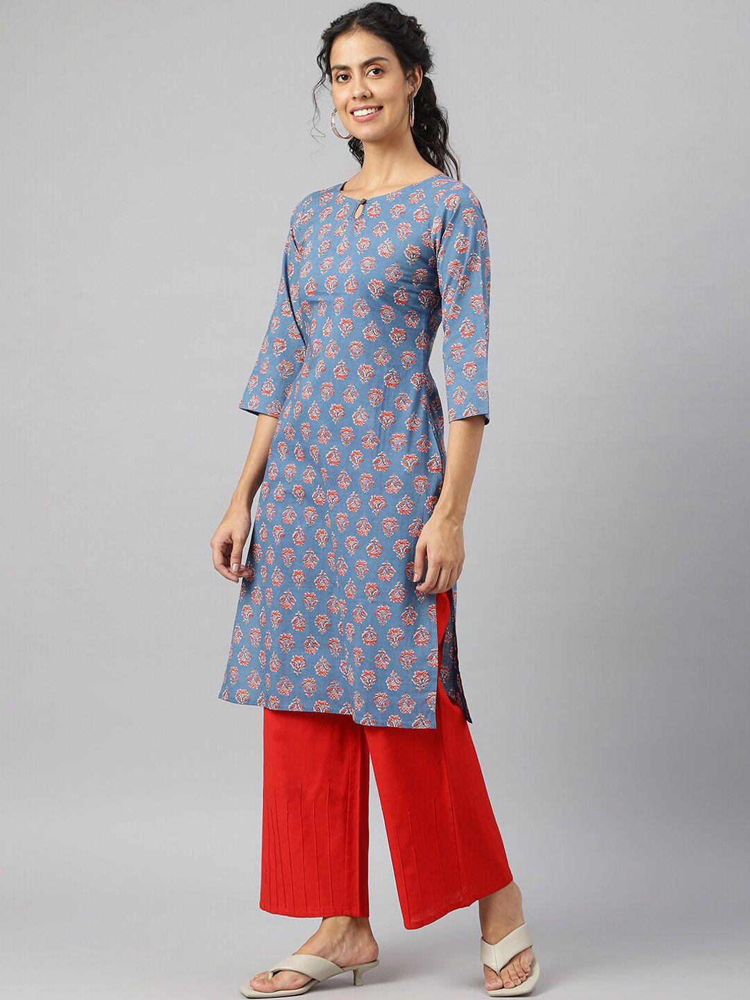 metro-fashion floral printed keyhole neck cotton kurta