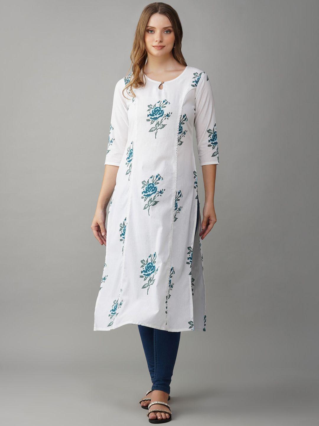 metro-fashion floral printed keyhole neck pure cotton straight kurta