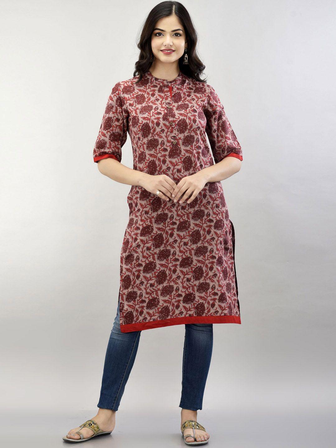 metro-fashion floral printed mandarin collar straight kurta