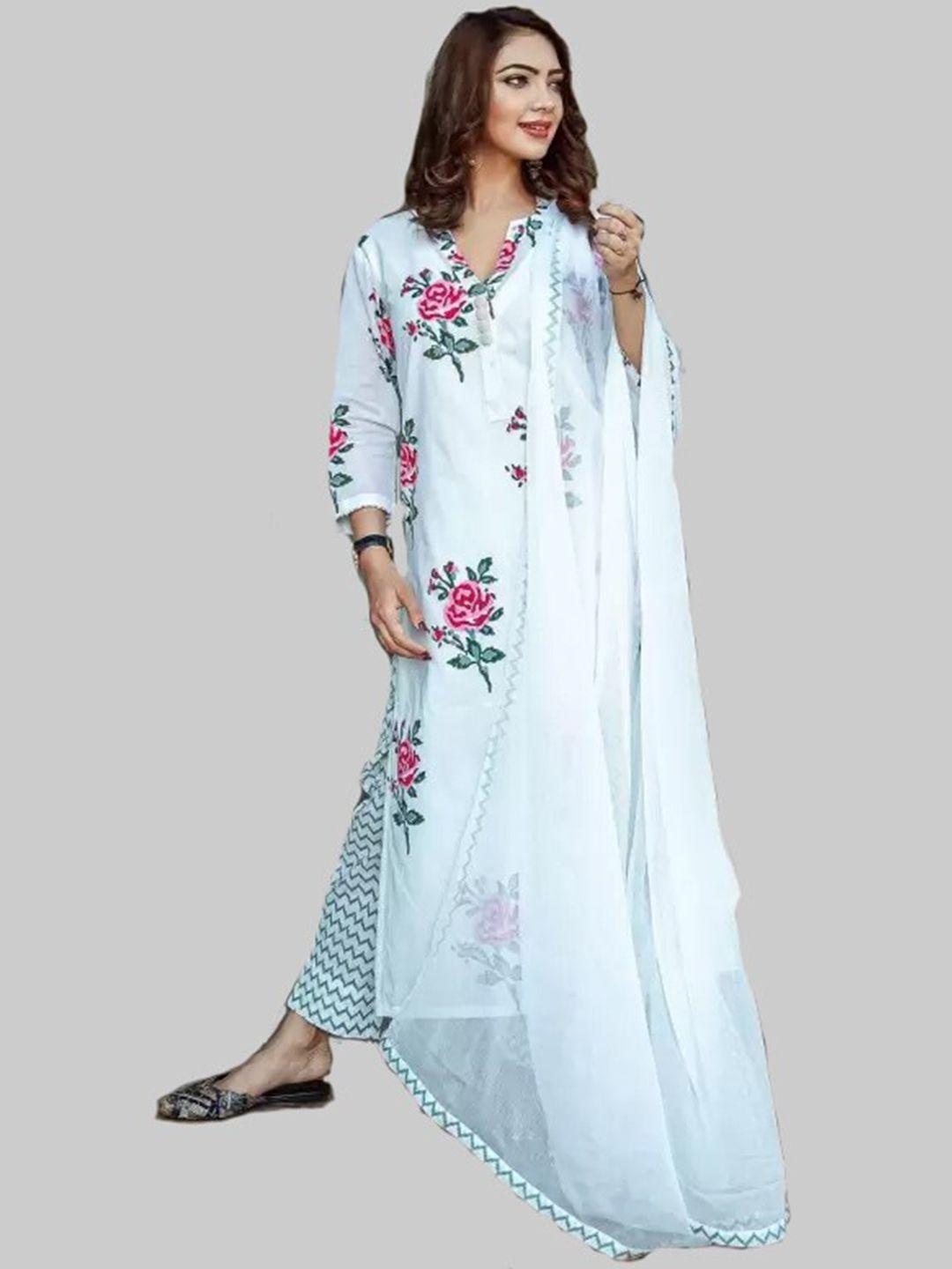 metro-fashion floral printed pure cotton kurta with trousers & dupatta