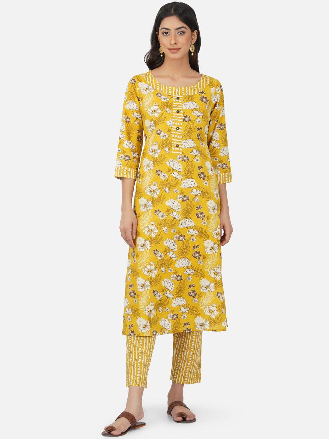 metro-fashion floral printed pure cotton kurta with trousers