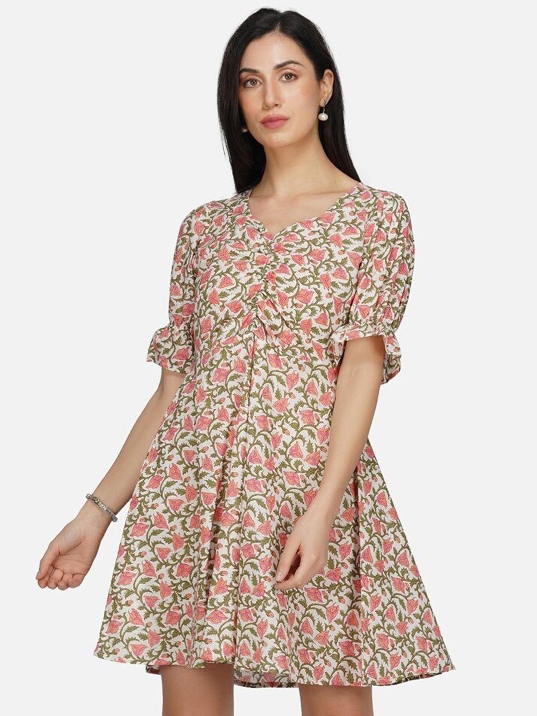 metro-fashion floral printed ruched cotton mini fit & flare dress