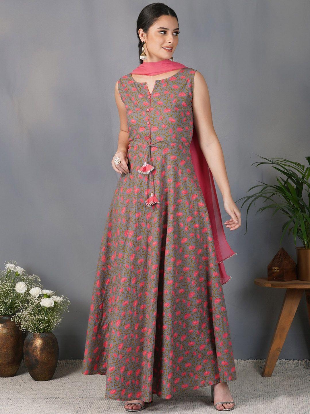 metro-fashion floral printed sleeveless maxi ethnic dress with dupatta