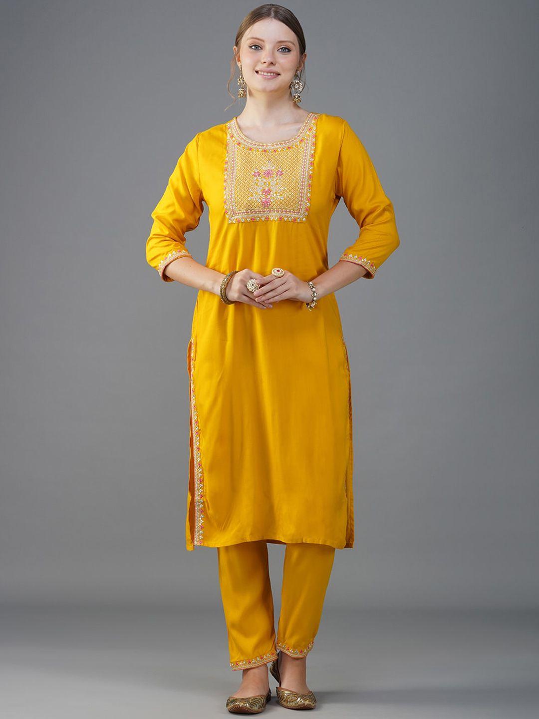 metro-fashion floral yoke design regular thread work kurta with trousers & dupatta